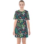Pattern Forest Leaf Flower Motif Sixties Short Sleeve Mini Dress