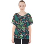 Pattern Forest Leaf Flower Motif V-Neck Dolman Drape Top