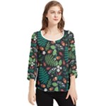Pattern Forest Leaf Flower Motif Chiffon Quarter Sleeve Blouse