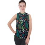 Pattern Forest Leaf Flower Motif Mock Neck Chiffon Sleeveless Top
