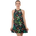 Pattern Forest Leaf Flower Motif Halter Tie Back Chiffon Dress