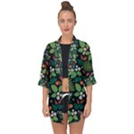 Pattern Forest Leaf Flower Motif Open Front Chiffon Kimono