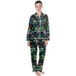 Pattern Forest Leaf Flower Motif Women s Long Sleeve Satin Pajamas Set	