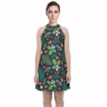 Pattern Forest Leaf Flower Motif Velvet Halter Neckline Dress 