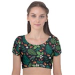 Pattern Forest Leaf Flower Motif Velvet Short Sleeve Crop Top 