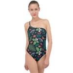 Pattern Forest Leaf Flower Motif Classic One Shoulder Swimsuit