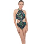 Pattern Forest Leaf Flower Motif Halter Side Cut Swimsuit