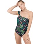 Pattern Forest Leaf Flower Motif Frilly One Shoulder Swimsuit
