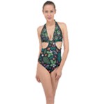Pattern Forest Leaf Flower Motif Halter Front Plunge Swimsuit