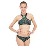 Pattern Forest Leaf Flower Motif High Neck Bikini Set