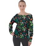 Pattern Forest Leaf Flower Motif Off Shoulder Long Sleeve Velour Top