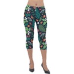 Pattern Forest Leaf Flower Motif Lightweight Velour Capri Leggings 
