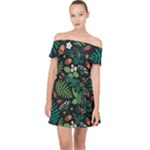 Pattern Forest Leaf Flower Motif Off Shoulder Chiffon Dress