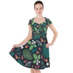 Pattern Forest Leaf Flower Motif Cap Sleeve Midi Dress