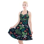 Pattern Forest Leaf Flower Motif Halter Party Swing Dress 