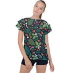 Pattern Forest Leaf Flower Motif Ruffle Collar Chiffon Blouse