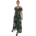 Pattern Forest Leaf Flower Motif Off Shoulder Open Front Chiffon Dress