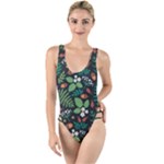Pattern Forest Leaf Flower Motif High Leg Strappy Swimsuit