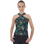 Pattern Forest Leaf Flower Motif Cross Neck Velour Top