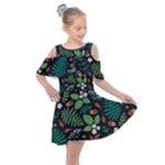 Pattern Forest Leaf Flower Motif Kids  Shoulder Cutout Chiffon Dress