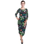 Pattern Forest Leaf Flower Motif Quarter Sleeve Midi Velour Bodycon Dress