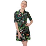 Pattern Forest Leaf Flower Motif Belted Shirt Dress
