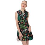 Pattern Forest Leaf Flower Motif Sleeveless Shirt Dress