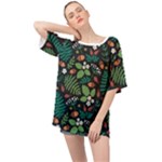 Pattern Forest Leaf Flower Motif Oversized Chiffon Top