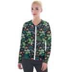 Pattern Forest Leaf Flower Motif Velvet Zip Up Jacket