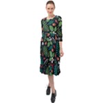 Pattern Forest Leaf Flower Motif Ruffle End Midi Chiffon Dress