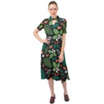 Pattern Forest Leaf Flower Motif Keyhole Neckline Chiffon Dress