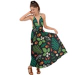 Pattern Forest Leaf Flower Motif Backless Maxi Beach Dress
