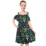 Pattern Forest Leaf Flower Motif Kids  Cut Out Shoulders Chiffon Dress