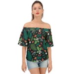 Pattern Forest Leaf Flower Motif Off Shoulder Short Sleeve Top