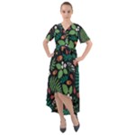 Pattern Forest Leaf Flower Motif Front Wrap High Low Dress