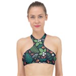Pattern Forest Leaf Flower Motif High Neck Bikini Top
