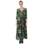 Pattern Forest Leaf Flower Motif Button Up Maxi Dress