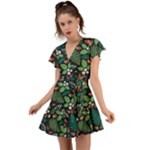 Pattern Forest Leaf Flower Motif Flutter Sleeve Wrap Dress
