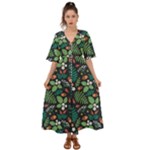 Pattern Forest Leaf Flower Motif Kimono Sleeve Boho Dress