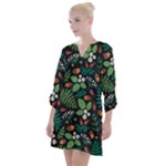 Pattern Forest Leaf Flower Motif Open Neck Shift Dress