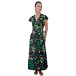Pattern Forest Leaf Flower Motif Flutter Sleeve Maxi Dress
