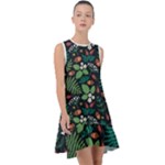 Pattern Forest Leaf Flower Motif Frill Swing Dress