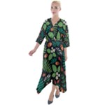 Pattern Forest Leaf Flower Motif Quarter Sleeve Wrap Front Maxi Dress