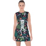 Pattern Forest Leaf Flower Motif Lace Up Front Bodycon Dress