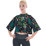 Pattern Forest Leaf Flower Motif Mock Neck T-Shirt