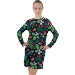 Pattern Forest Leaf Flower Motif Long Sleeve Hoodie Dress