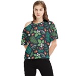 Pattern Forest Leaf Flower Motif One Shoulder Cut Out T-Shirt