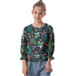 Pattern Forest Leaf Flower Motif Kids  Cuff Sleeve Top