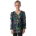 Pattern Forest Leaf Flower Motif Kids  V Neck Casual Top