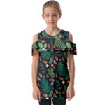 Pattern Forest Leaf Flower Motif Fold Over Open Sleeve Top